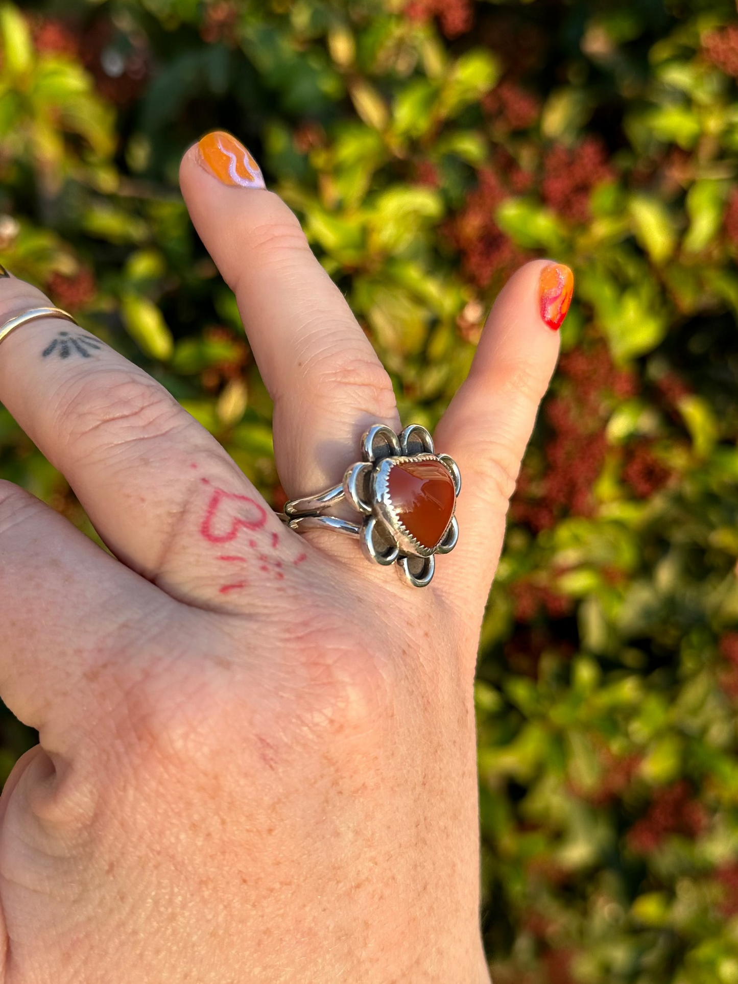 Carnelian Heart Flower Ring