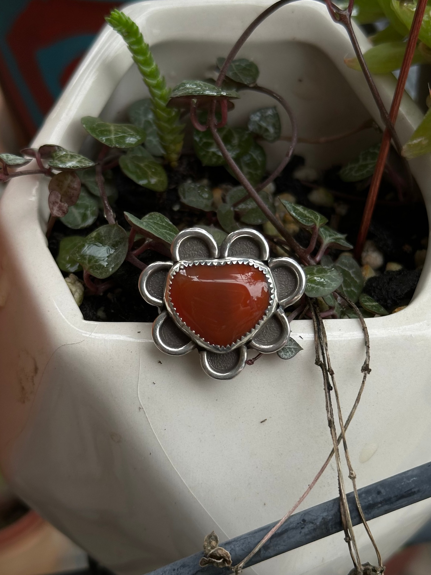 Carnelian Heart Flower Ring